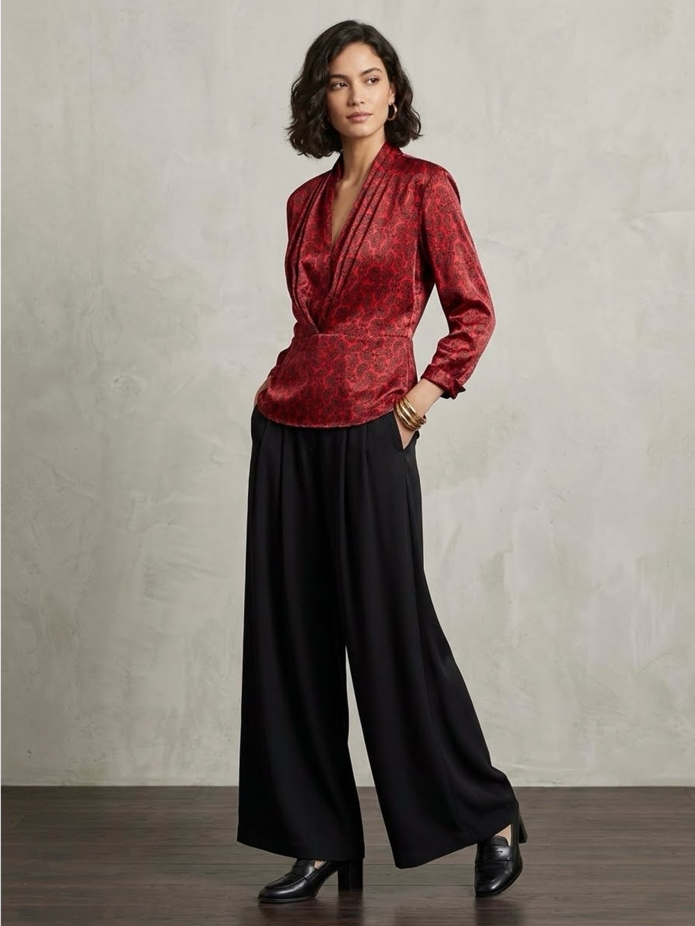 1980s Red and Black Paisley Vtg Draped Satin Blouse by JH Collectibles Sz 10